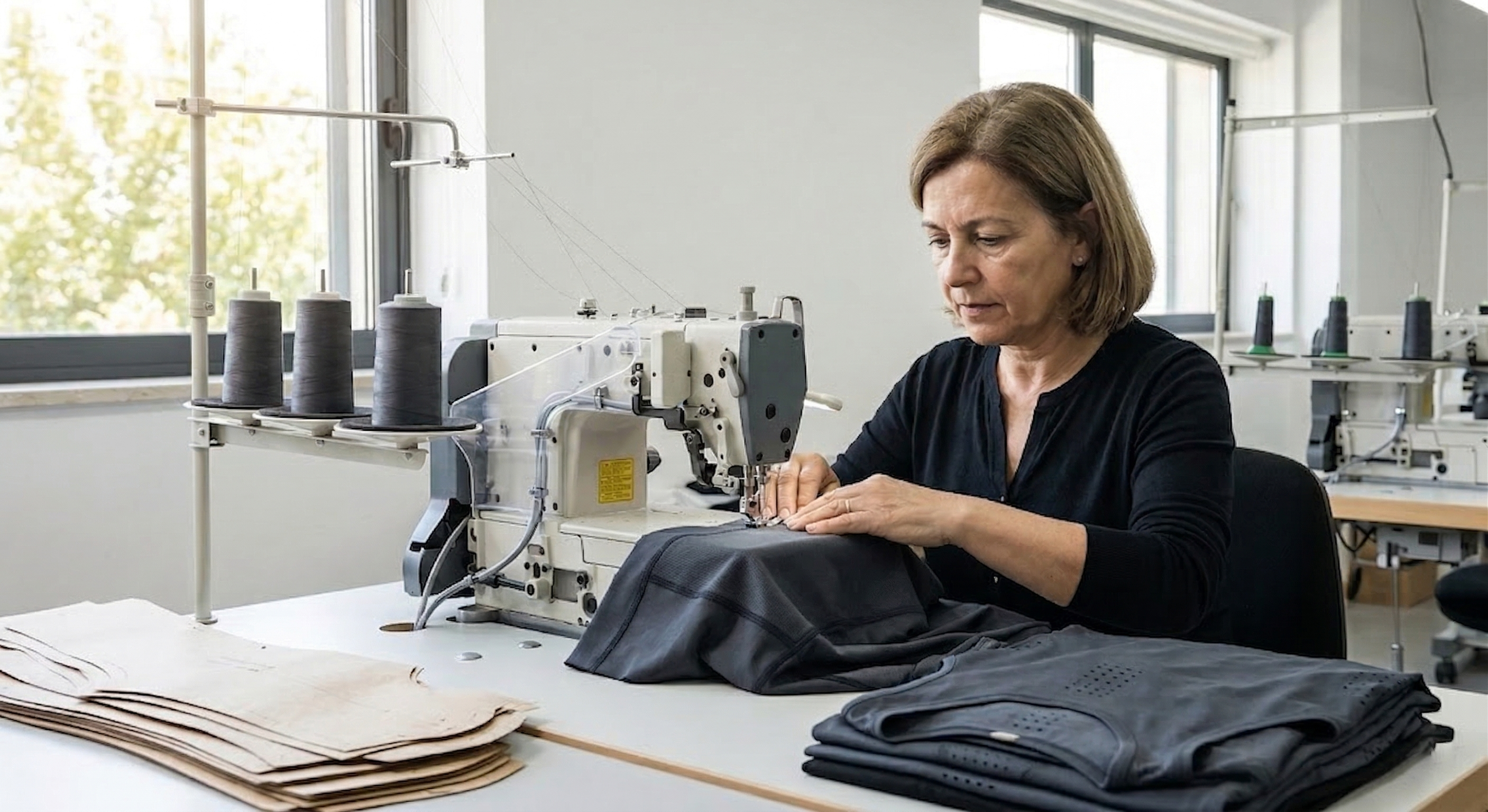 Seamstress using a flatlock sewing machine to produce technical sportswear in a modern, clean factory setting.