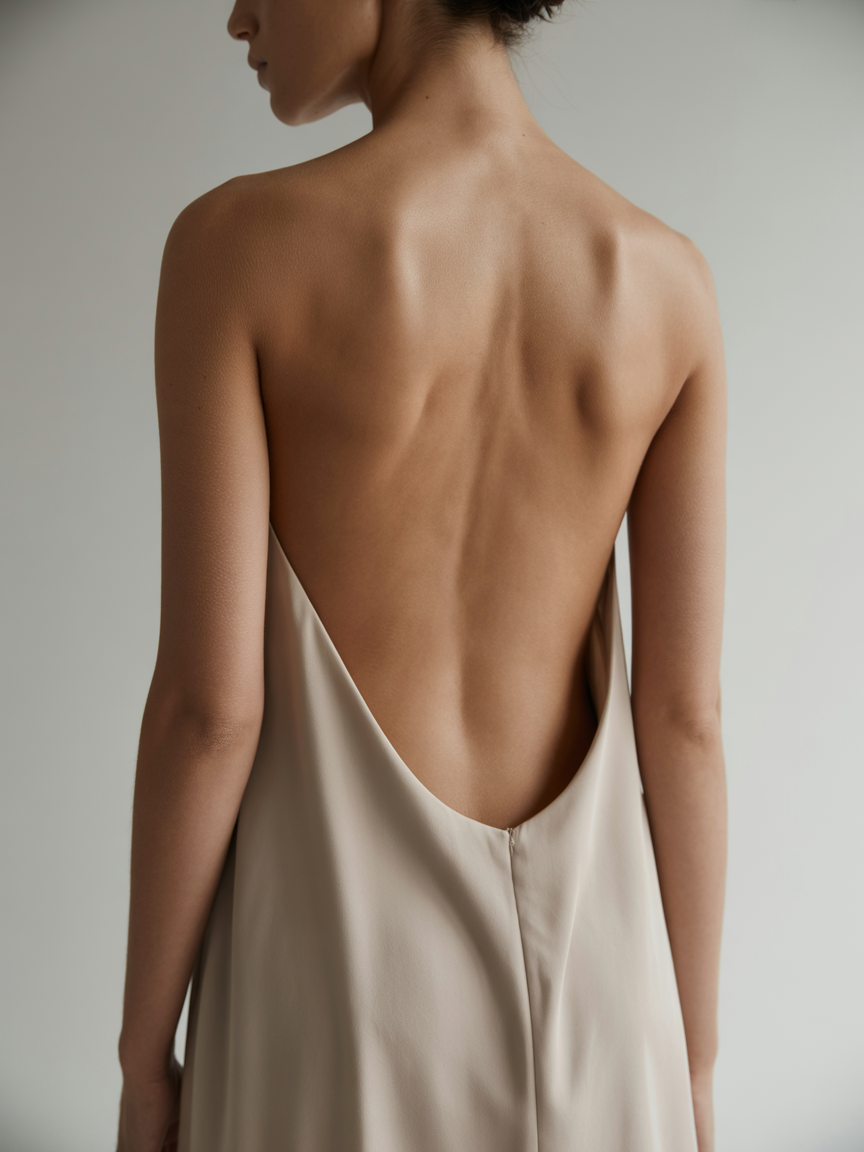 A fashion model wearing a stylish backless dress, in a professional photography studio with softbox lighting and a white seamless background, editorial style, full-body shot, high-resolution.