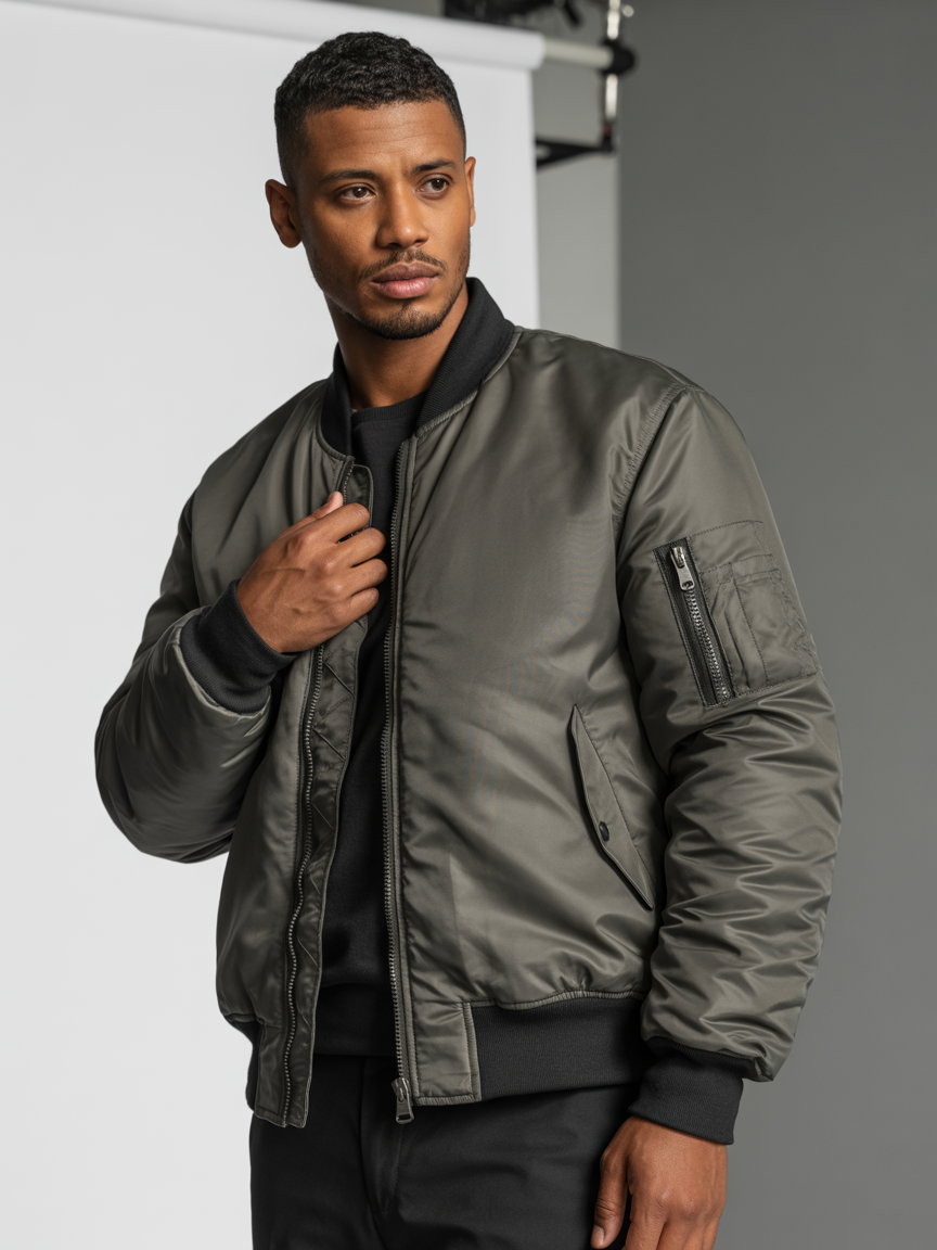 A fashion model posing in a professional photo studio, wearing a stylish, well-fitted bomber jacket made of premium streetwear fabric. The bomber jacket is expertly designed and tailored, with clean lines and contemporary urban details. The model stands confidently under soft studio lighting against a neutral background (white or gray). High-fashion editorial style, high-resolution, clean and polished look.