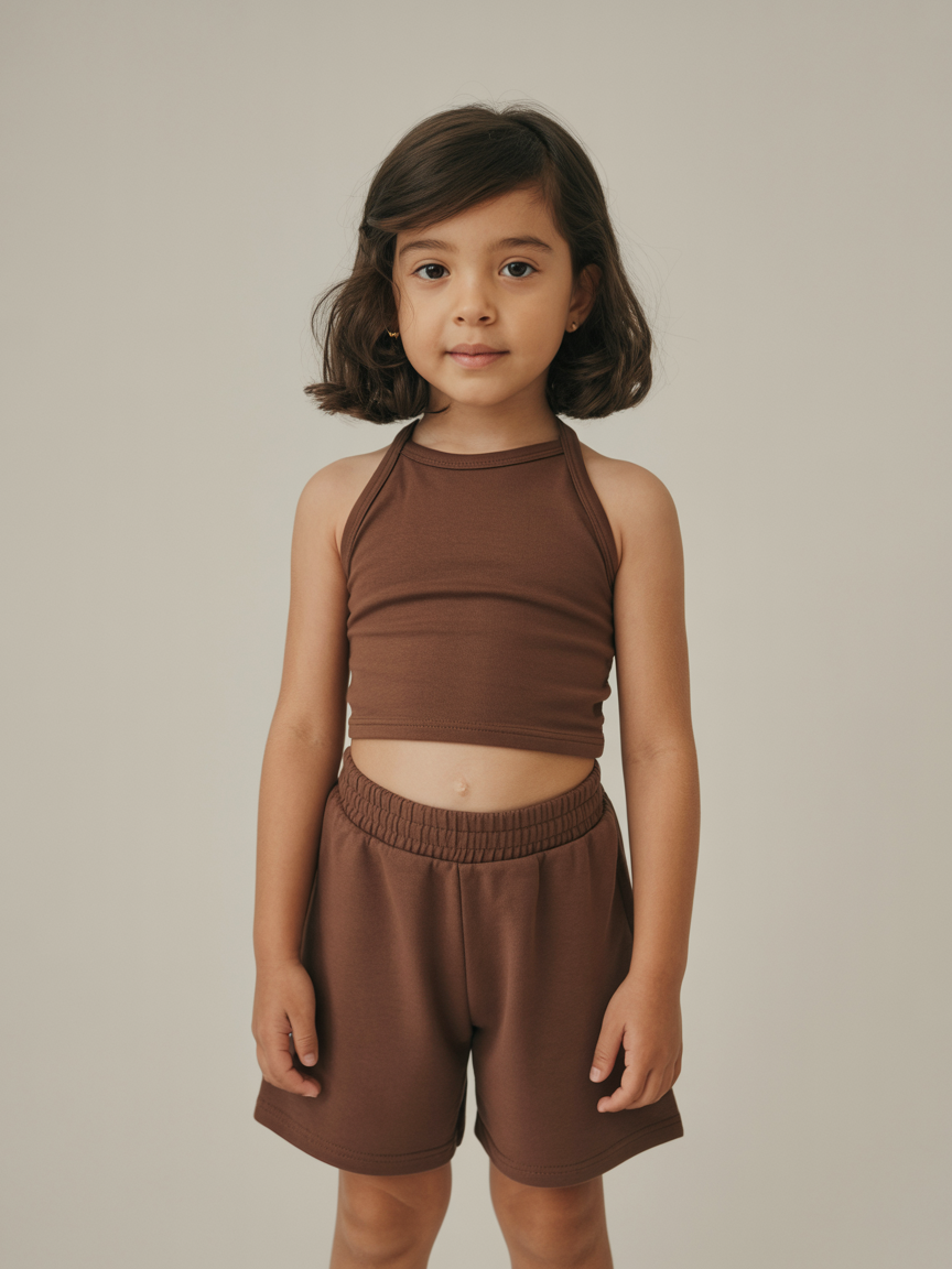 A young girl stands confidently in a studio, wearing a simple and stylish brown outfit. The set includes a sleeveless halter-style top and comfortable high-waisted shorts, made from soft, breathable fabric. Designed by a trusted children's clothing brand, the outfit blends modern minimalism with everyday comfort—perfect for playtime, outings, or relaxed days at home.