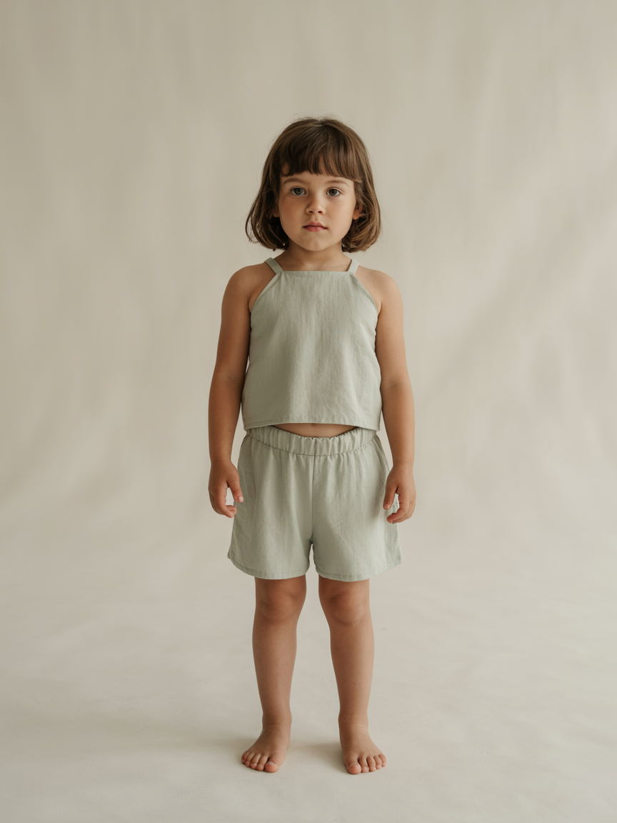 Displayed in a clean studio setting, this custom children's outfit showcases minimalist design and thoughtful craftsmanship. The set includes a sleeveless halter-style top and high-waisted shorts in a soft sage green tone, made from breathable, comfortable fabric. Developed from scratch in Portugal, each piece reflects high-quality local production—combining everyday functionality with timeless, versatile style.