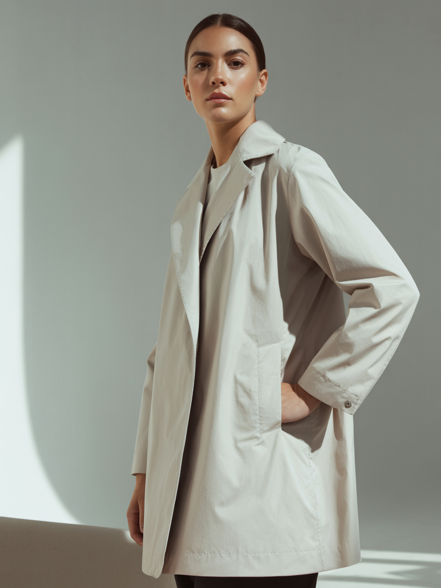 A fashion model posing in a professional photo studio, wearing a sleek, modern coat made of lightweight cotton or synthetic fabric. The coat is stylish and sharply tailored, with clean lines and minimalistic details. The model stands confidently under soft studio lighting against a neutral background (white or gray). High-fashion editorial style, high-resolution, clean and polished look.