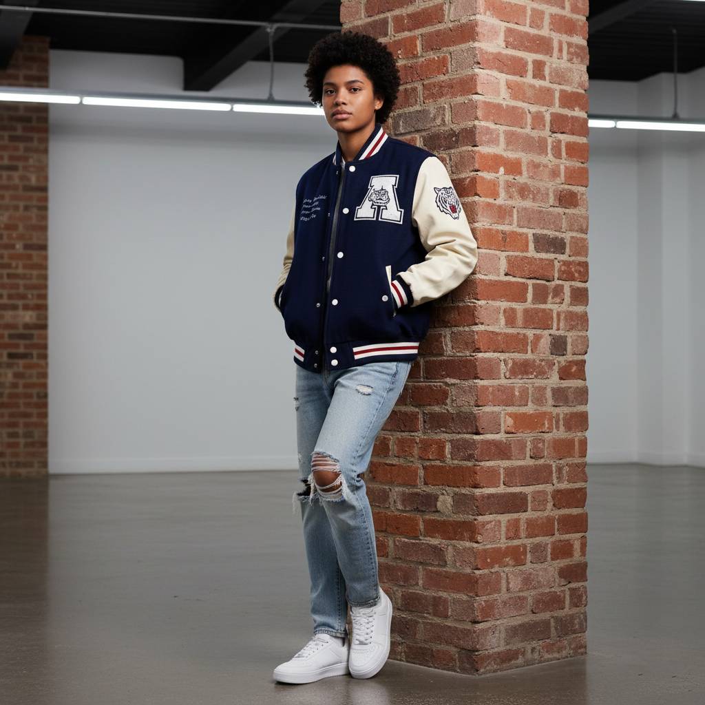 A showcase of premium college jackets in various colors and styles, displaying quality wool bodies, leather sleeves, and custom embellishments. The collection highlights the craftsmanship and attention to detail that goes into each varsity jacket manufactured in Portugal.