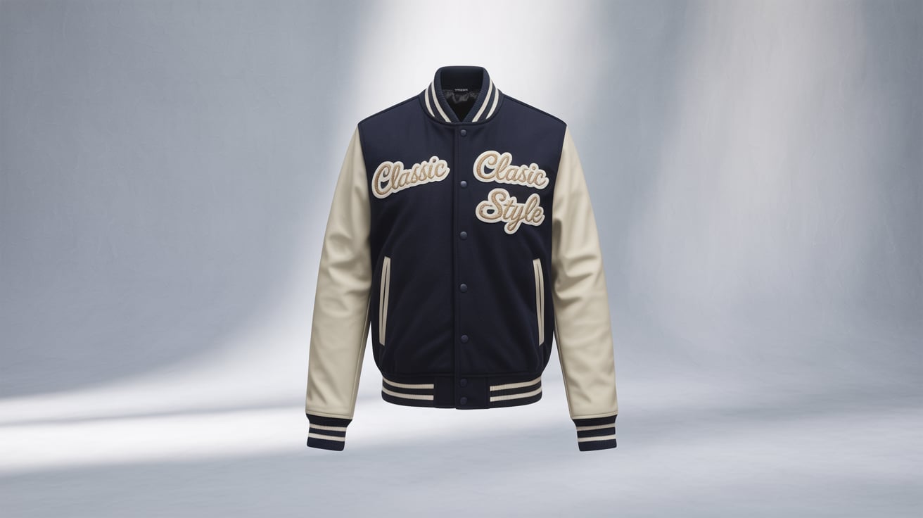 A showcase of premium college jackets in various colors and styles, displaying quality wool bodies, leather sleeves, and custom embellishments. The collection highlights the craftsmanship and attention to detail that goes into each varsity jacket manufactured in Portugal.