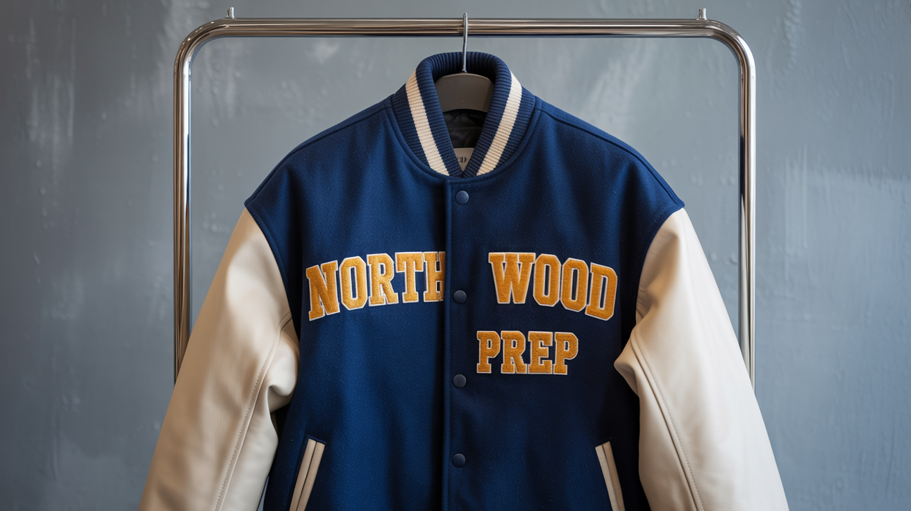 A premium custom varsity jacket in navy blue and cream with quality leather sleeves, ribbed collar and cuffs, and custom embroidered patches. The jacket demonstrates exceptional craftsmanship with precise stitching and high-quality materials that represent the expertise of Portugal's college jacket manufacturing.