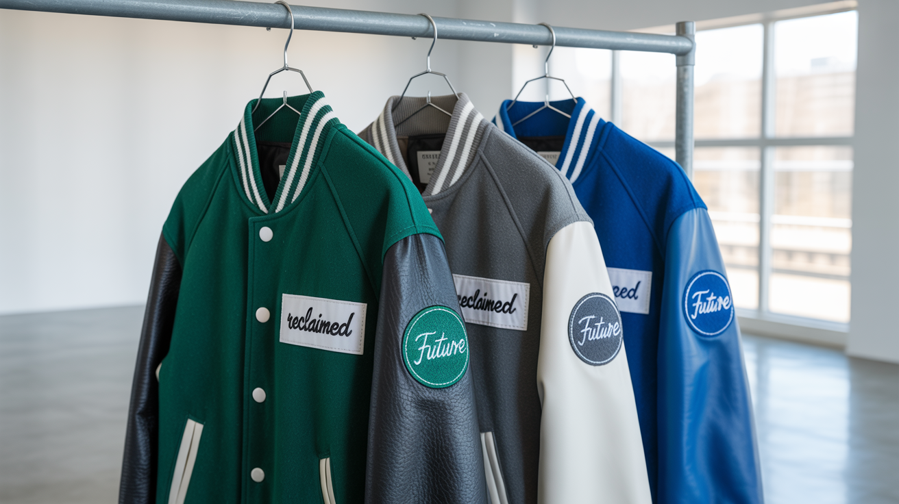 Collection of sustainable varsity jackets in diverse colorways with ethical leather alternatives manufactured in Portugal