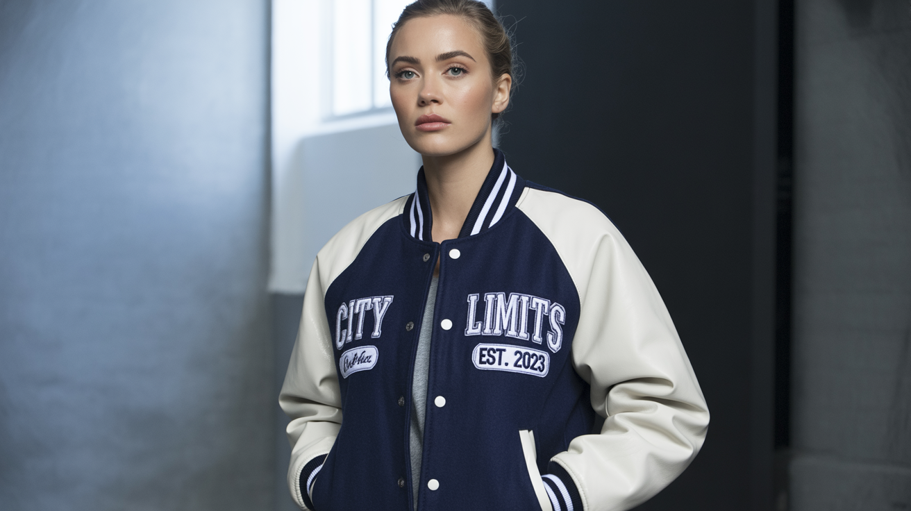 Model wearing a custom navy and white varsity jacket with leather sleeves designed and manufactured in Portugal