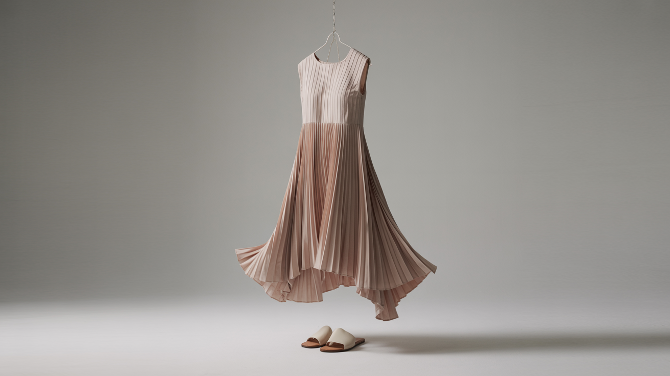 An elegant evening dress on a dress form at our Portuguese dress factory, showcasing meticulous craftsmanship and premium sustainable fabric