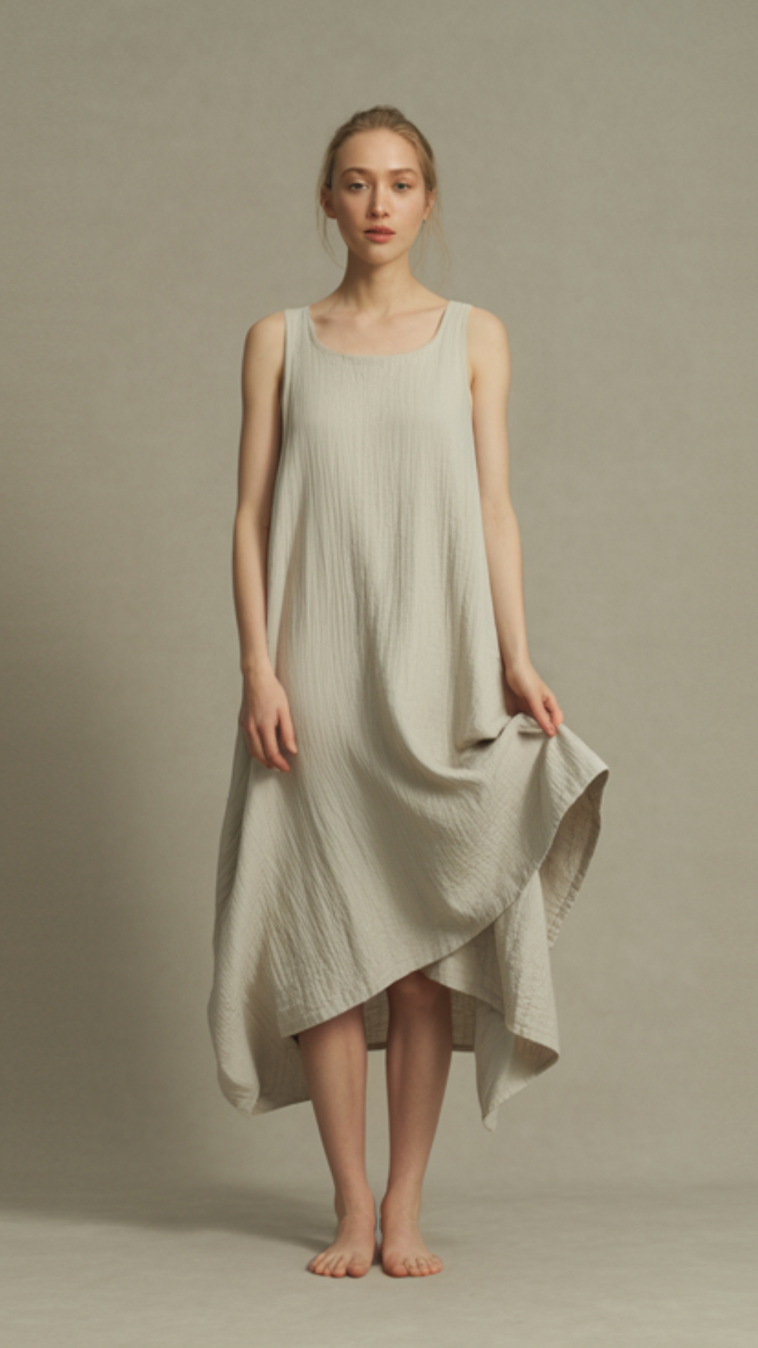 A woman in an elegant flowy dress crafted by our Portuguese dress factory, showcasing premium craftsmanship with delicate detailing and sustainable fabric.