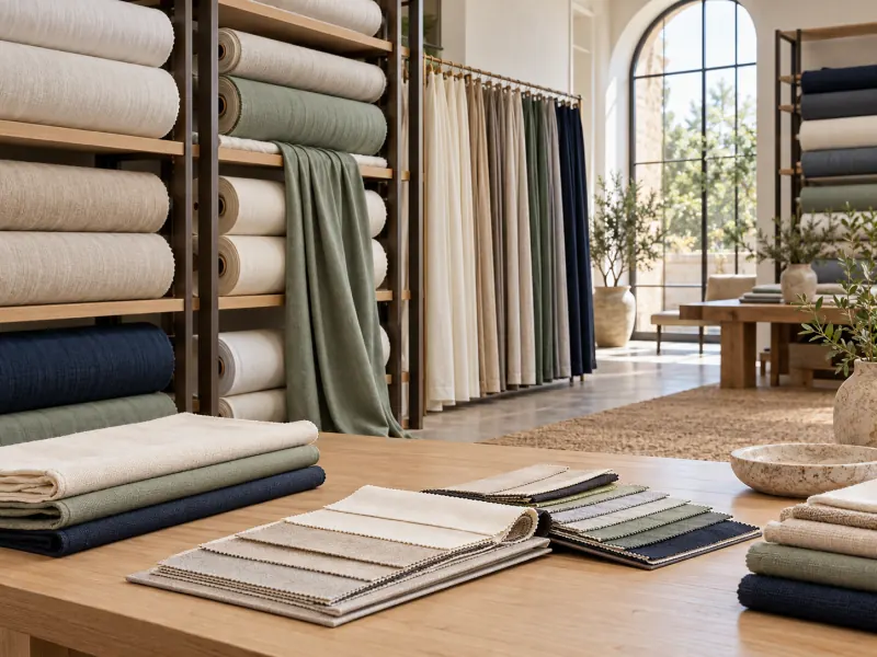 Fabric rolls and swatches in a textile showroom — AI-generated illustration