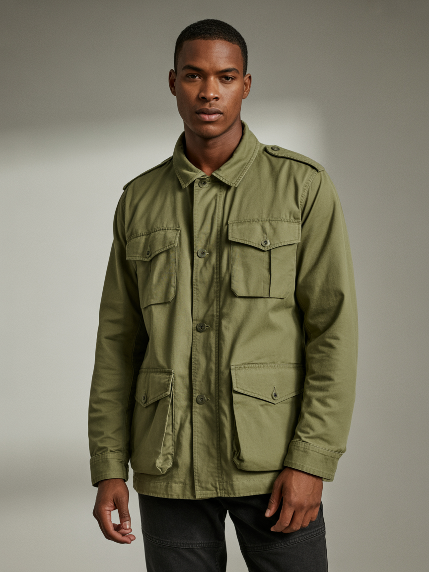 Premium military-style fatigue jacket with multiple pockets and durable construction, showcasing tactical design elements and high-quality Portuguese craftsmanship for military and streetwear applications