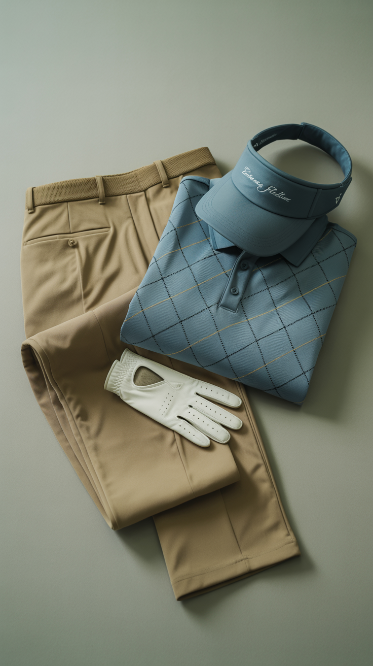 Studio display of assorted golf attire — including polo shirts, tailored golf pants, visors, gloves, and golf shoes — neatly arranged or folded on a clean, neutral background. Soft, even lighting highlights fabric textures and technical details like moisture-wicking materials and stretch panels. A mix of classic and modern styles in muted and pastel tones, emphasizing performance, style, and organization. Minimalist, premium aesthetic.
