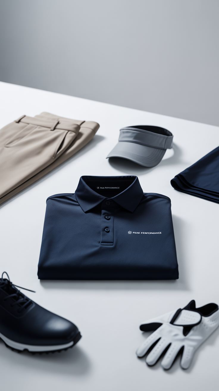 Studio display of assorted golf attire — including polo shirts, tailored golf pants, visors, gloves, and golf shoes — neatly arranged or folded on a clean, neutral background. Soft, even lighting highlights fabric textures and technical details like moisture-wicking materials and stretch panels. A mix of classic and modern styles in muted and pastel tones, emphasizing performance, style, and organization. Minimalist, premium aesthetic.