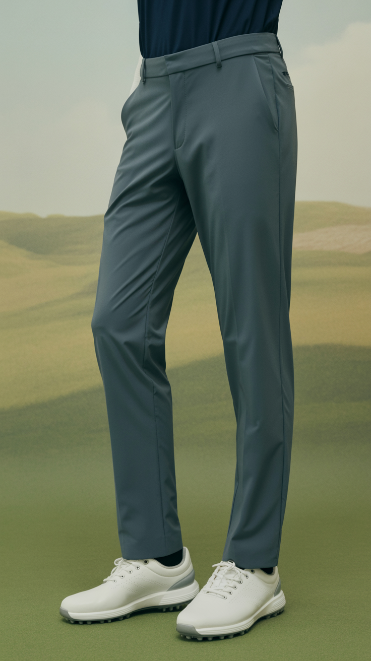 Full-body studio portrait of a model wearing complete golf attire — performance polo shirt, tailored golf pants, golf shoes, visor or cap, and optional glove — standing in a confident, athletic pose. Neutral or soft green-toned background, with diffused lighting that highlights fit, fabric texture, and clean lines. Modern, stylish, and functional aesthetic that blends sport and sophistication.