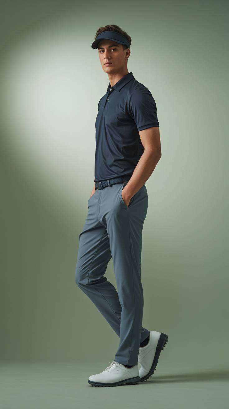 Studio shot showing only the lower half of a model wearing golf attire — tailored golf pants made from lightweight, performance fabric with a clean, athletic fit — captured from waist to feet. Neutral or golf-course-inspired background with soft lighting to highlight texture and structure. Styled with golf shoes or sneakers for a polished, sporty look. Focus on modern, functional, and stylish activewear.