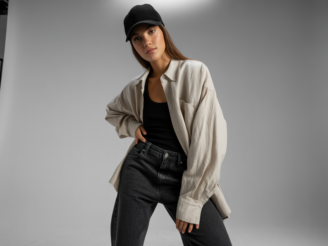 A fashion model wearing a baseball hat, casual urban outfit, standing confidently in a professional photography studio with softbox lighting and a white seamless background, editorial style, full-body shot, high-resolution.