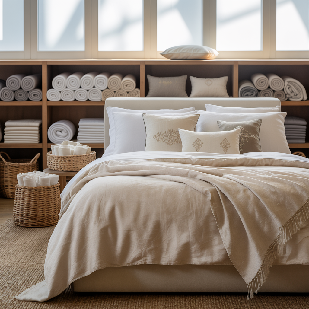 Luxurious bed with high-quality white and beige linens, showcasing premium home textiles manufactured in Portugal