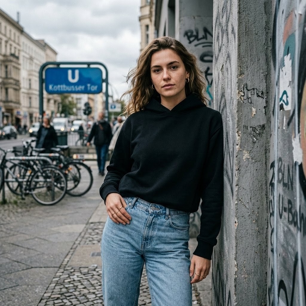 Eine Person, die einen hochwertigen schwarzen Hoodie mit minimalistischem Design tr&auml;gt. Der Hoodie besticht durch perfekte N&auml;hte, hochwertigen Stoff mit weicher Textur und urbanem Styling - und zeigt unsere Fertigungsqualit&auml;t und Liebe zum Detail.