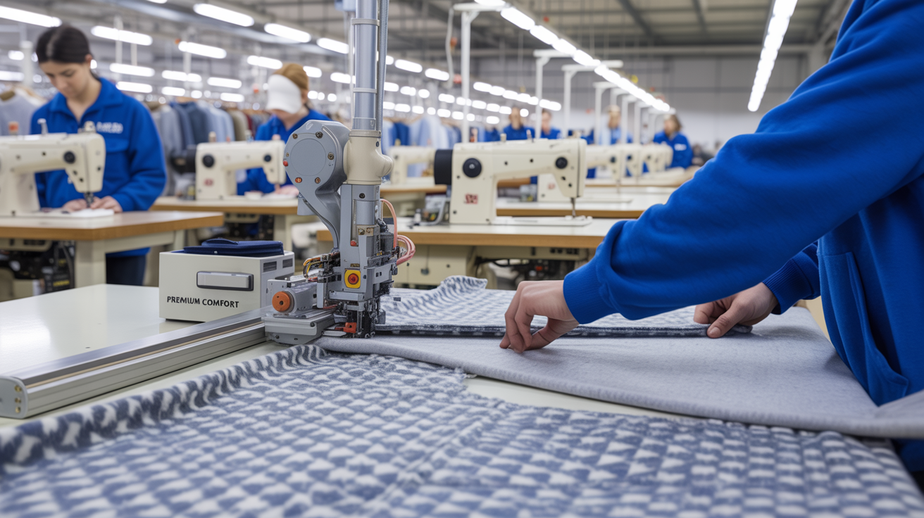 Factory floor showing hoodie manufacturing process with fabric cutting stations, sewing machines, and quality control areas. The image showcases the precision craftsmanship and attention to detail that goes into every hoodie we produce.