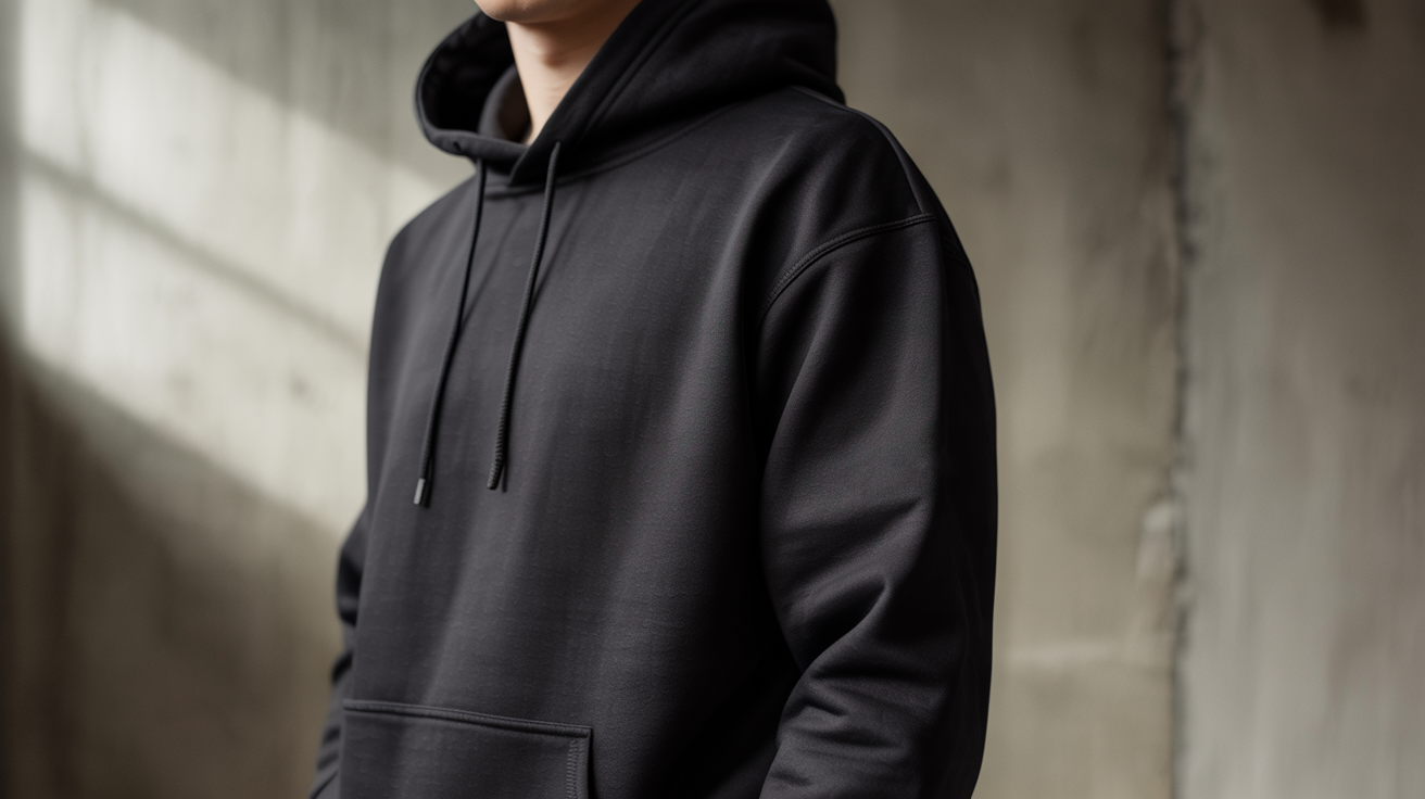 A person wearing a premium quality black hoodie with minimalist design. The hoodie features perfect stitching, high-quality fabric with a soft texture, and urban styling - showcasing our manufacturing quality and attention to detail.
