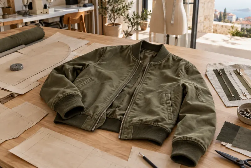 Bomber jacket with development patterns and trims — AI-generated illustration