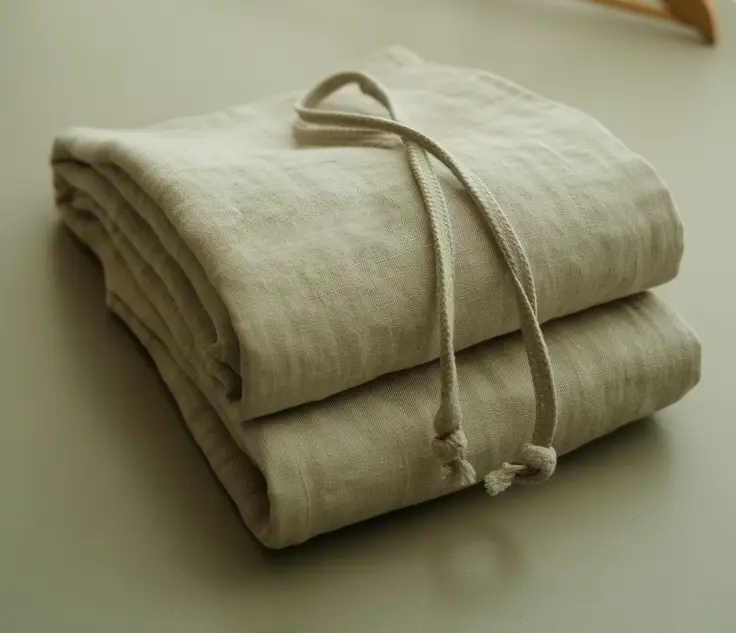 Studio display of relaxed-fit linen pants — made from natural, breathable fabric — laid flat, hung on a minimalist hanger, or styled in a folded arrangement. Neutral background with soft, diffused lighting to highlight texture and weave. Earthy, minimalist aesthetic focused on sustainable fashion and timeless comfort.