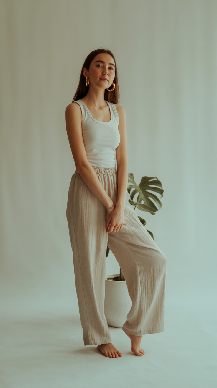 Studio full-body shot of a model wearing relaxed-fit linen pants — breathable, natural fabric with a soft drape — styled with a minimal top and neutral accessories. Clean, soft lighting and a plain background to emphasize texture and movement. Earth-toned palette with a focus on comfort, sustainability, and effortless, modern style.