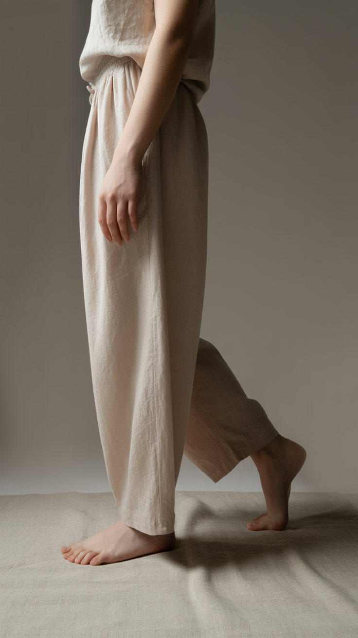 Studio shot focusing on the lower half of a model wearing relaxed-fit linen pants — natural fabric with a soft, airy drape — captured from waist to feet. Neutral background with soft lighting that enhances the fabric's texture and movement. Barefoot or minimal footwear for an organic, minimalist look. Emphasis on sustainable style and casual elegance.