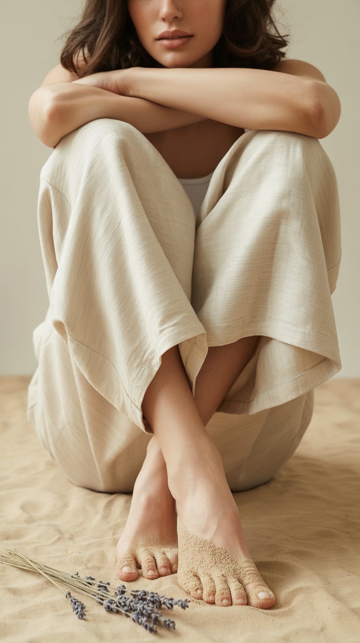 Studio shot focusing on the lower half of a model wearing relaxed-fit linen pants — natural fabric with a soft, airy drape — captured from waist to feet. Neutral background with soft lighting that enhances the fabric's texture and movement. Barefoot or minimal footwear for an organic, minimalist look. Emphasis on sustainable style and casual elegance.
