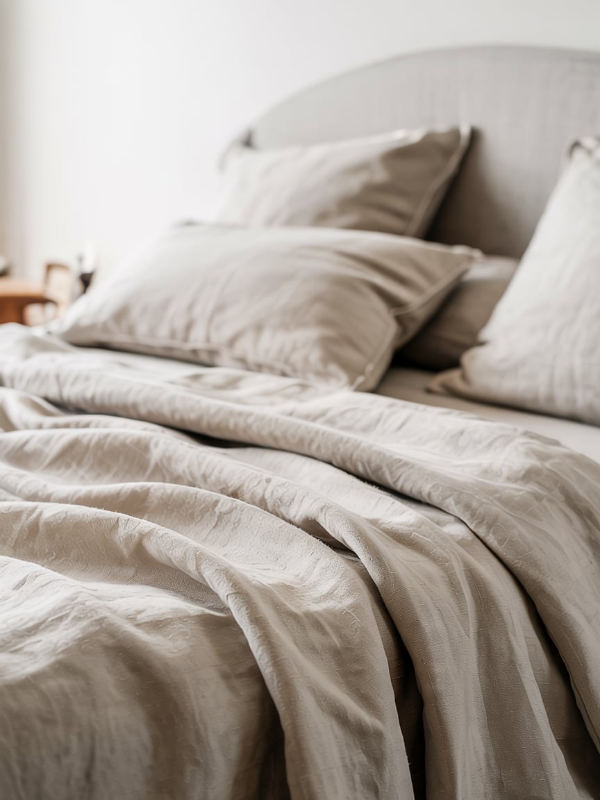 A neatly made bed with an inviting, soft, and neutral aesthetic. The bedding—including the pillows, duvet cover, and sheets—appears to be made of a similar textured fabric as in the first image, likely linen or a linen blend. The fabric has a natural, slightly wrinkled finish, contributing to a relaxed, cozy, and lived-in feel. The color palette is consistent: a calming mix of beige, taupe, and warm greys, enhancing the serene bedroom atmosphere.