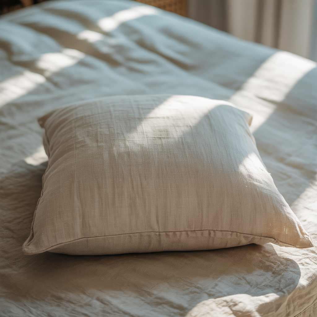 This image shows a beige or off-white pillow resting on a matching bedspread. The fabric has a natural, slightly textured linen-like appearance, and soft sunlight is streaming in, casting shadows across the bed. The overall aesthetic is calm, minimalist, and cozy.