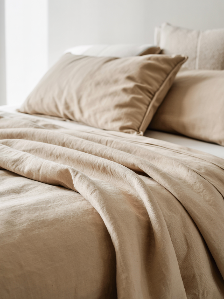 This image is a minimal, earthy, and serene bedding aesthetics. It showcases a bed made with light beige or cream-colored sheets and a pillowcase, likely made from a natural fiber like linen or a linen blend. The fabric has a soft, washed texture with gentle folds that catch the natural light beautifully, creating a peaceful, sun-drenched morning vibe.