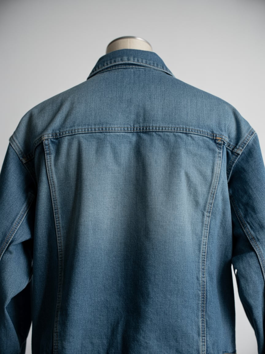 A premium white denim jacket, manufactured in Portugal, laid out to showcase its texture and details.