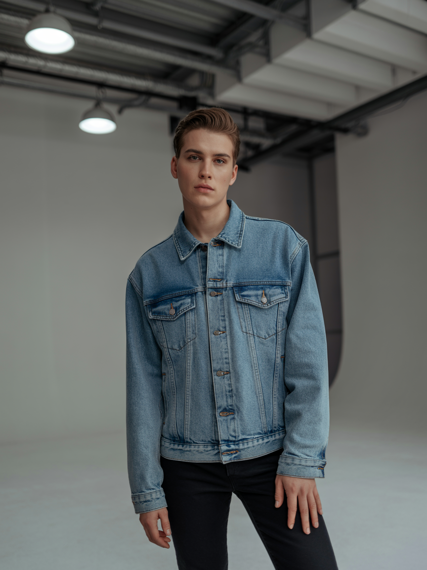 A stylish denim jacket manufactured in Portugal, showcasing high-quality fabric and craftsmanship.