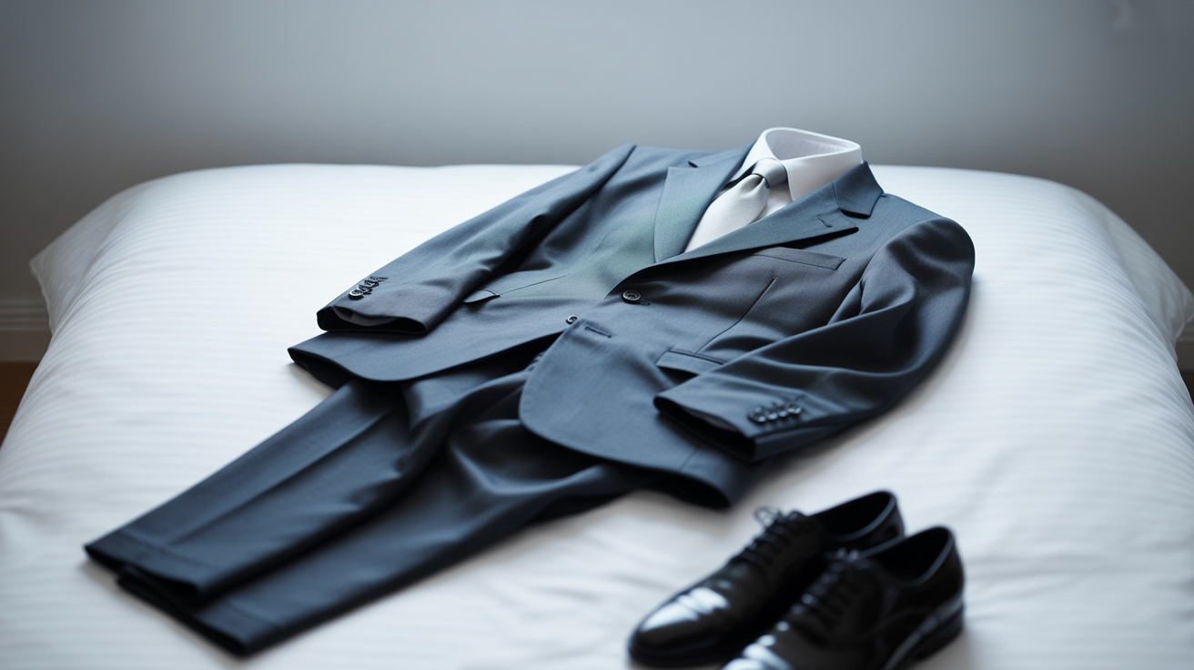 A neatly folded beige or cream linen shirt arranged on a white bed. Dried lavender sprigs have been placed decoratively on top of the folded garment, creating a luxury hotel or high-end hospitality aesthetic. The image captures soft natural lighting coming through what appears to be nearby windows.