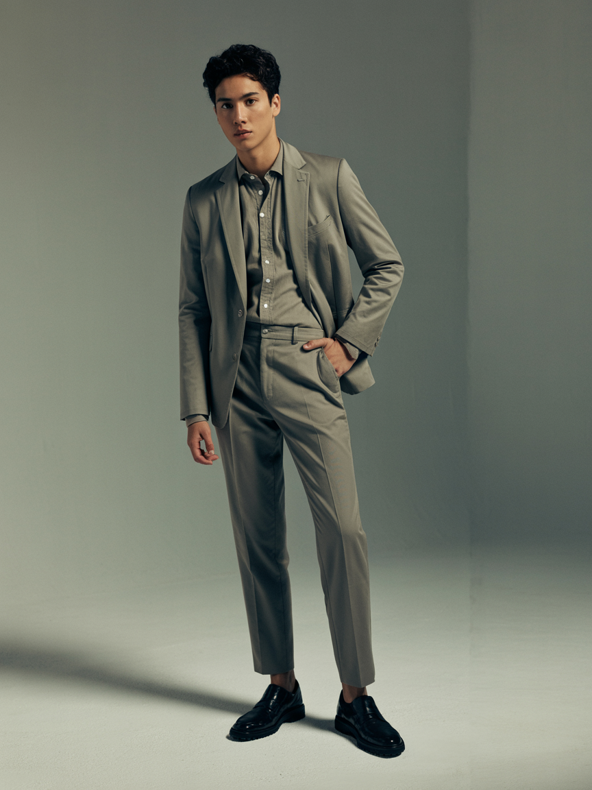 A model wearing vibrant, stylish rainwear — including a waterproof jacket, boots, and optional umbrella — in a studio setting. The model poses confidently with natural movement, evoking protection, comfort, and playfulness in wet weather. Lighting reflects the slight sheen of the waterproof material. Expressions are fresh and upbeat, suggesting readiness for rain with a fashionable edge. Include dynamic poses such as mid-step, holding the hood, or playfully using the umbrella.