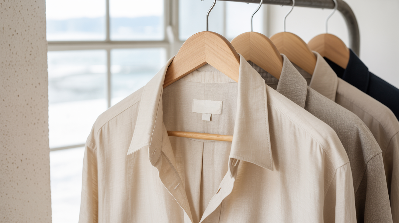 A showcase of minimalist clothing pieces in neutral tones displayed in a clean, modern setting. The image highlights the precise tailoring, quality fabrics, and understated design elements that characterize premium minimalist fashion.