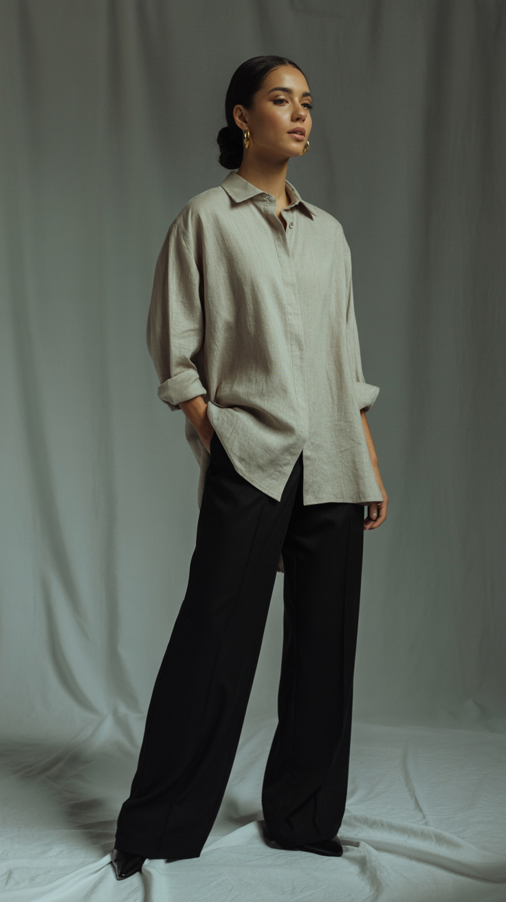 A model wearing a minimalist beige oversized shirt with tailored black trousers and simple accessories. The outfit exemplifies clean lines, neutral colors, and timeless design that are hallmarks of minimalist fashion.