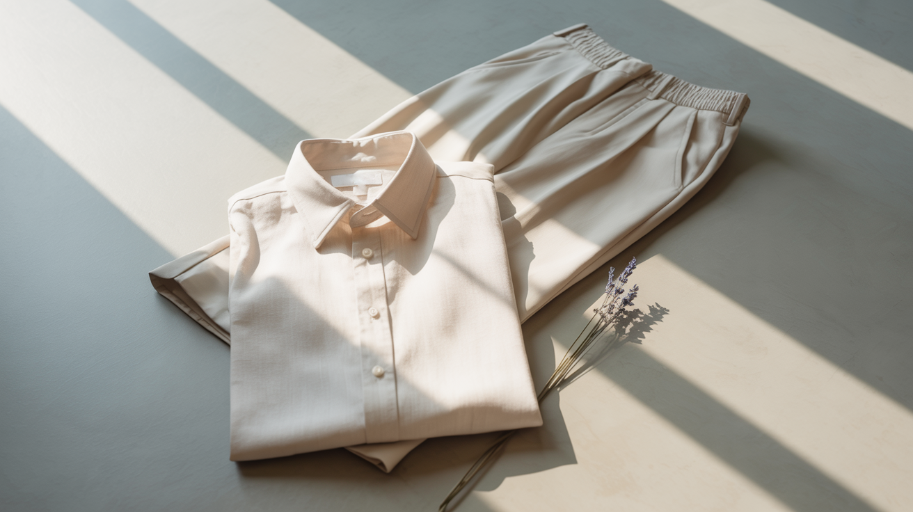 Model wearing a minimal white top and relaxed trousers designed and manufactured in Portugal