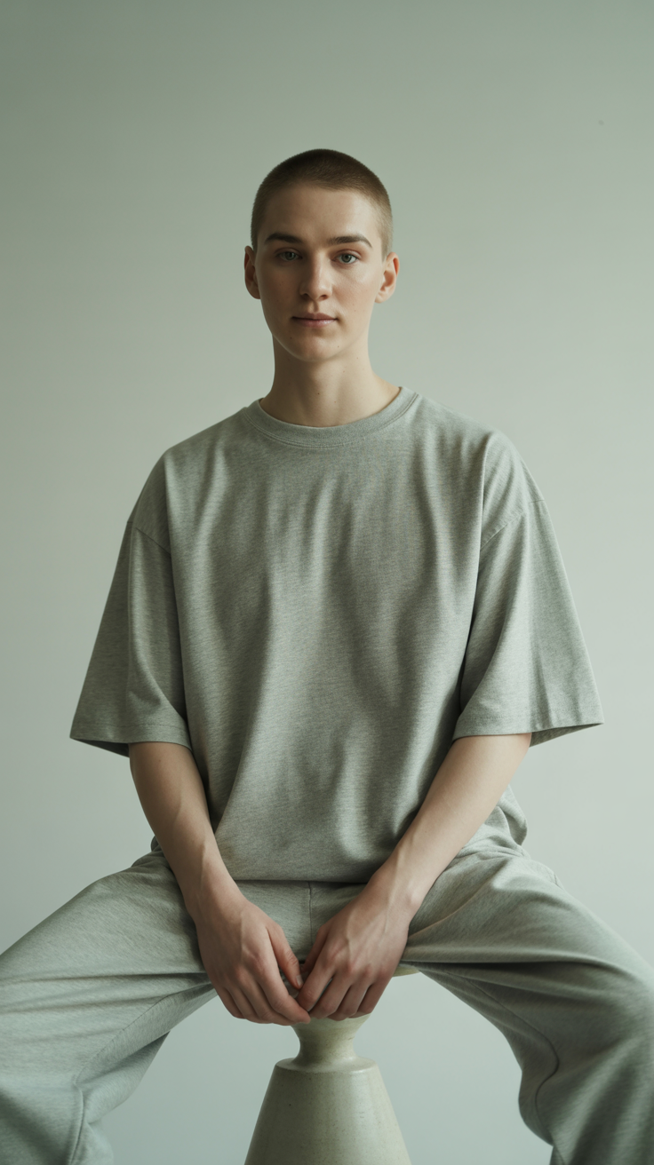 Studio close-up of the upper body of a model wearing an oversized T-shirt — soft, relaxed fit with minimal or no design — captured from shoulders to waist. Neutral background, soft lighting that highlights the fabric’s texture and drape. Casual, clean styling with a modern, minimalist aesthetic. Focus on comfort and effortless streetwear vibe.