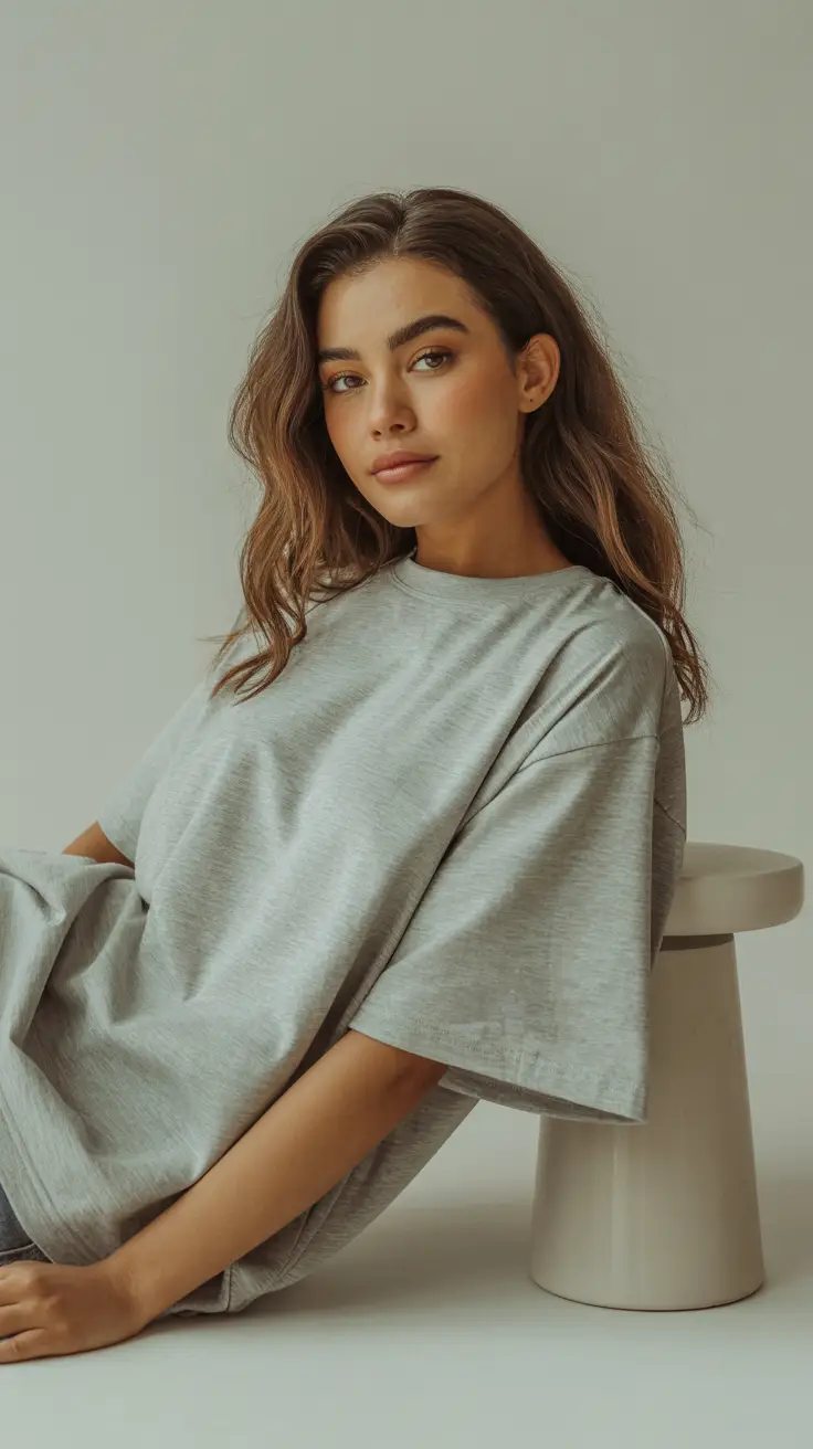  Studio portrait of a model wearing an oversized T-shirt — relaxed fit, soft fabric, minimal branding or plain design — styled casually with natural makeup and loose hair. Neutral background, soft lighting to emphasize fabric texture and drape. Urban, minimalist fashion vibe with a focus on comfort and effortless style.