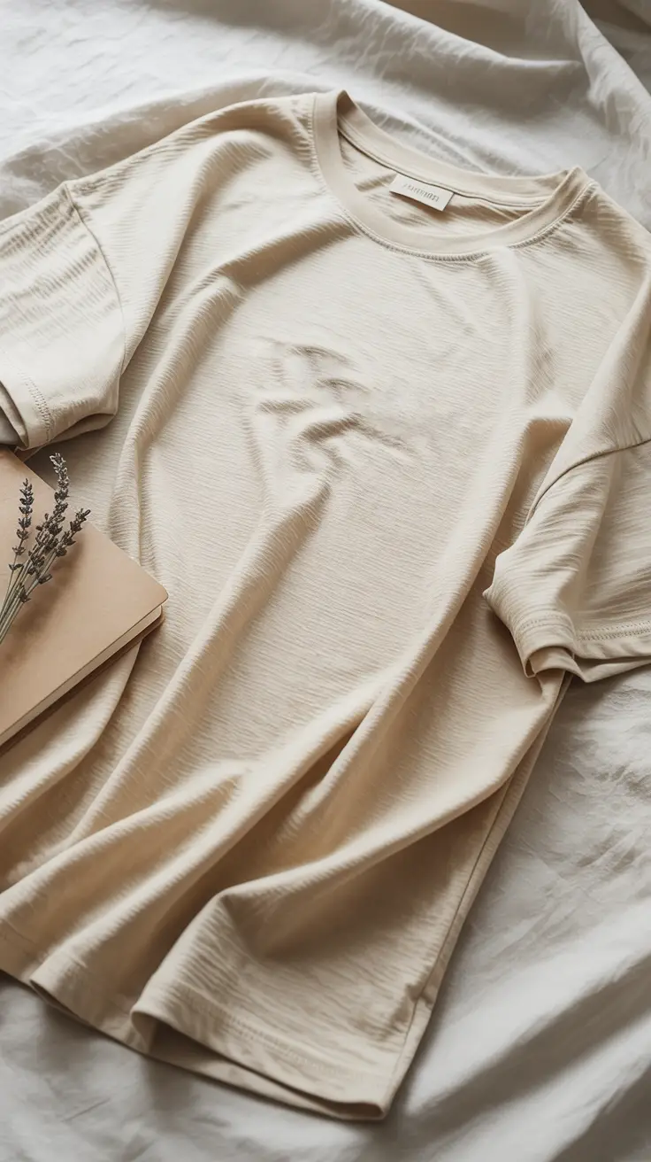 Studio flat lay or hanging display of an oversized T-shirt — plain or minimal design, soft cotton fabric with a relaxed fit — captured against a clean, neutral background. Soft, even lighting to highlight fabric texture and drape. Minimalist, contemporary aesthetic focused on comfort, simplicity, and casual style.