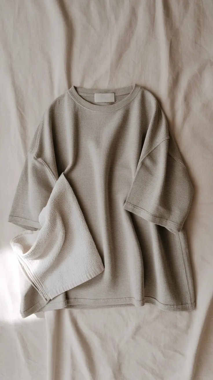 Studio flat lay or hanging display of an oversized T-shirt — plain or minimal design, soft cotton fabric with a relaxed fit — captured against a clean, neutral background. Soft, even lighting to highlight fabric texture and drape. Minimalist, contemporary aesthetic focused on comfort, simplicity, and casual style.