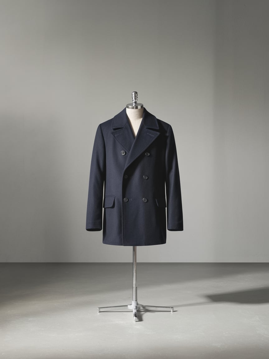 A premium white wool peacoat, manufactured in Portugal, laid out to showcase its texture and details.