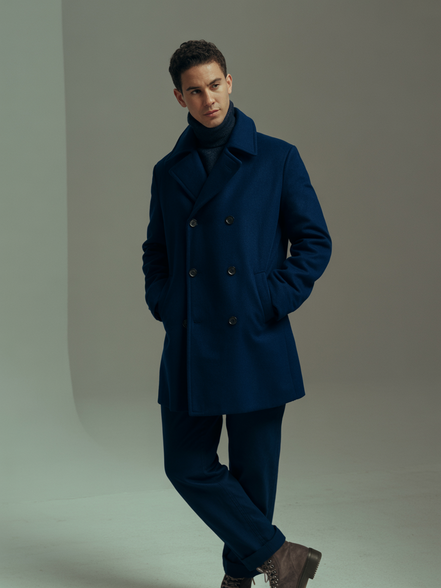 A stylish peacoat manufactured in Portugal, showcasing high-quality wool and craftsmanship.
