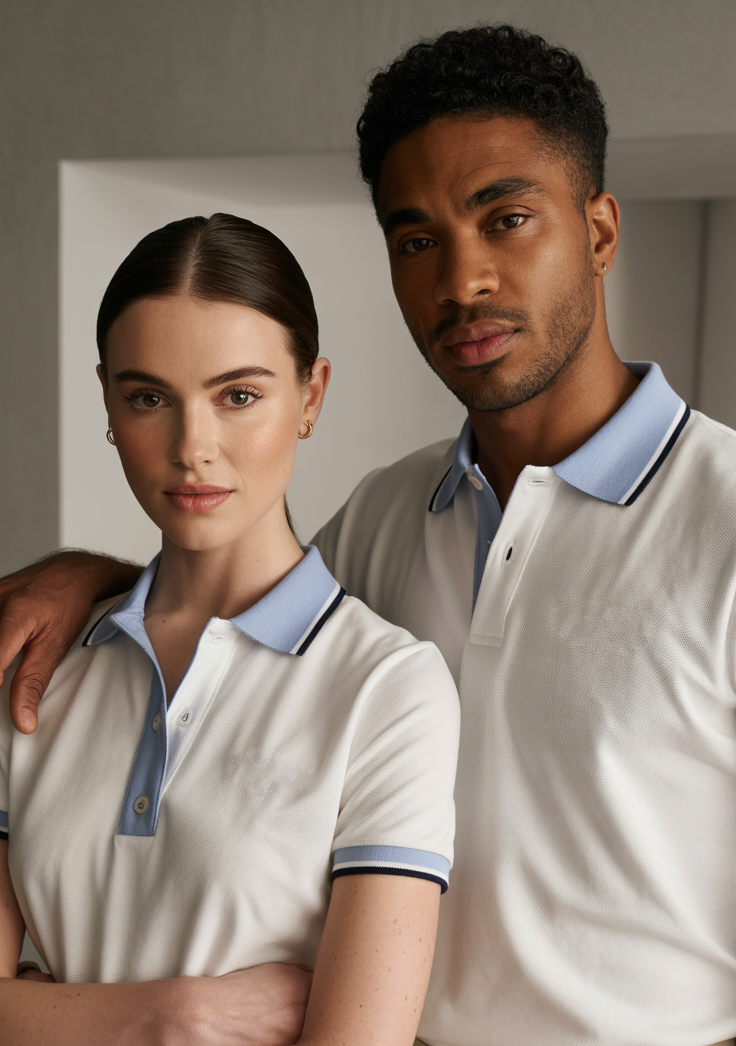 A woman wearing high-quality polo shirt made by a leading Portuguese manufacturer, showcasing the craftsmanship, fit, and style of our premium polo products.