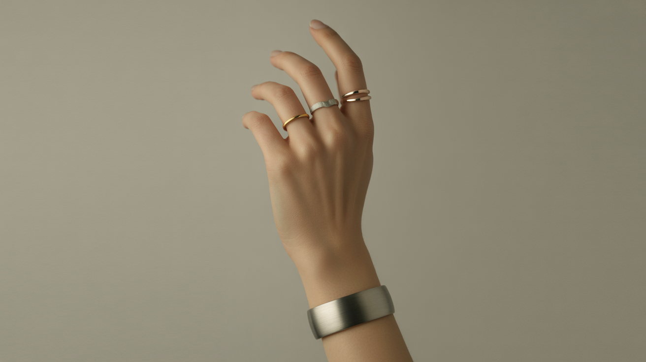 Studioporträtt av en fotomodell som bär hållbara, smycken utan stenar — minimalistiska ringar, armband eller manschetter gjorda av återvunna metaller — stylade med miljömedvetna kläder (t.ex. ekologisk bomull eller linne). Neutral bakgrund, mjukt diffust ljus och naturlig makeup. Betoning på etiskt mode, diskret elegans och ren, modern estetik. Modellen poserar graciöst och framhäver både smycken och hållbar stil.