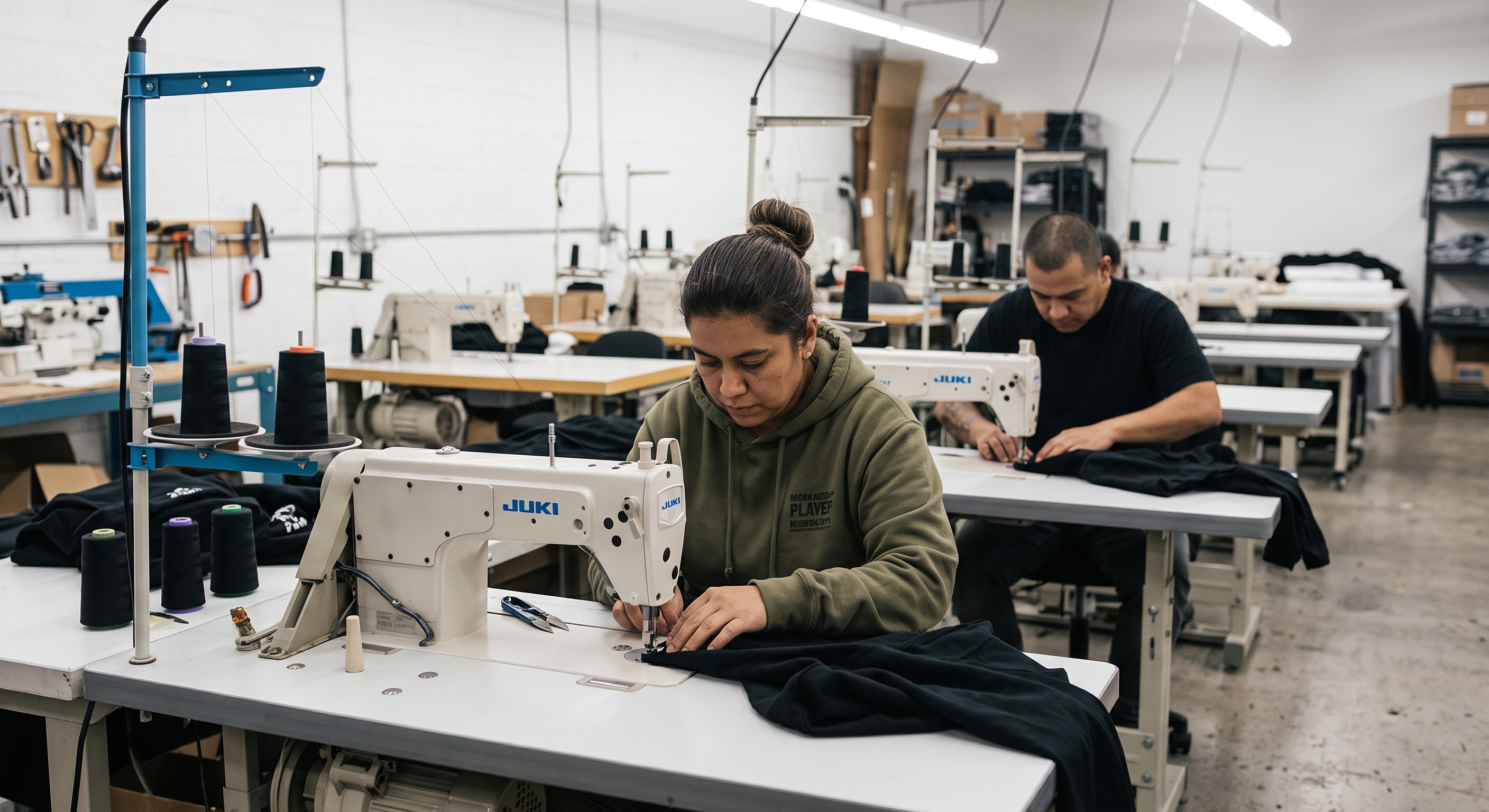 Premium streetwear manufacturing facility showcasing heavyweight cotton fabrics and custom cut and sew techniques