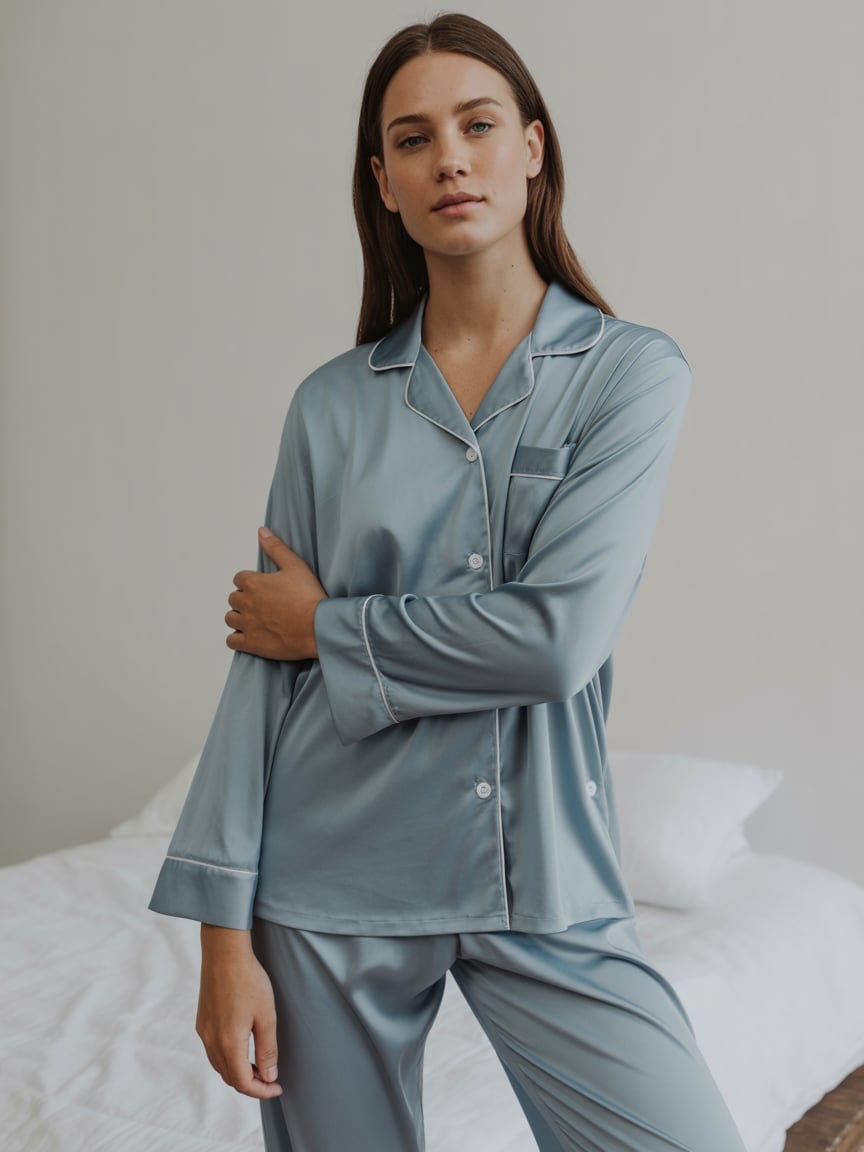 A fashion model posing in a professional photo studio, wearing elegant, comfortable sleepwear made of soft, luxurious fabric. The sleepwear is stylish and beautifully tailored, with clean lines and sophisticated details. The model stands confidently under soft studio lighting against a neutral background (white or gray). High-fashion editorial style, high-resolution, clean and polished look.