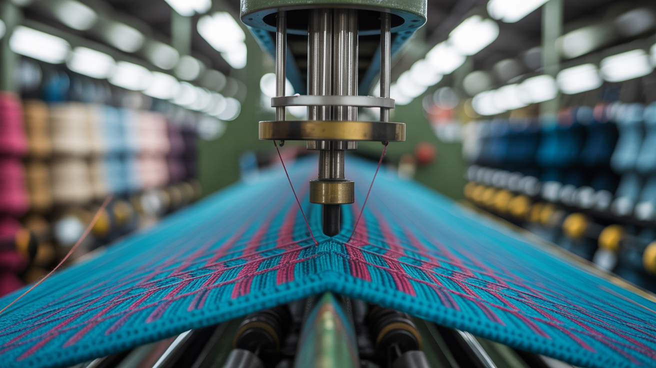 Close-up of premium sock manufacturing process showing detailed knitting on specialized machines at a Portuguese textile factory